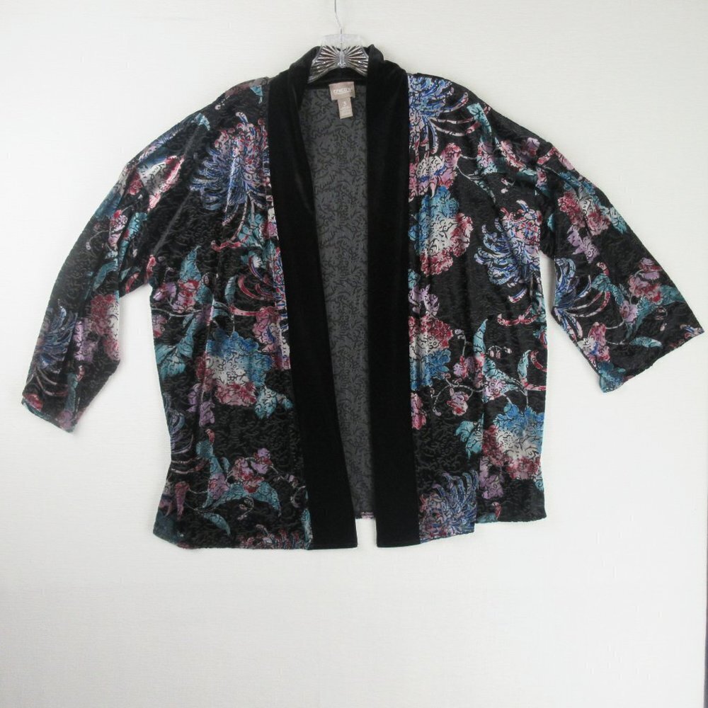 Chico's Size 3 US XL Floral Sound Kimono Black Velvet Burnout Cardigan 570318059